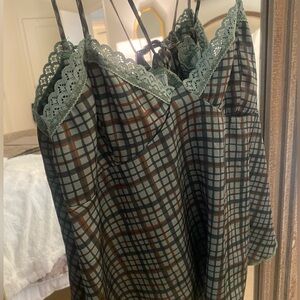 Free People Intimately Green Plaid Lace Silk Cami